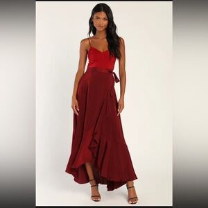 Double Darling Burgundy Color Block Satin Ruffled Maxi Dress